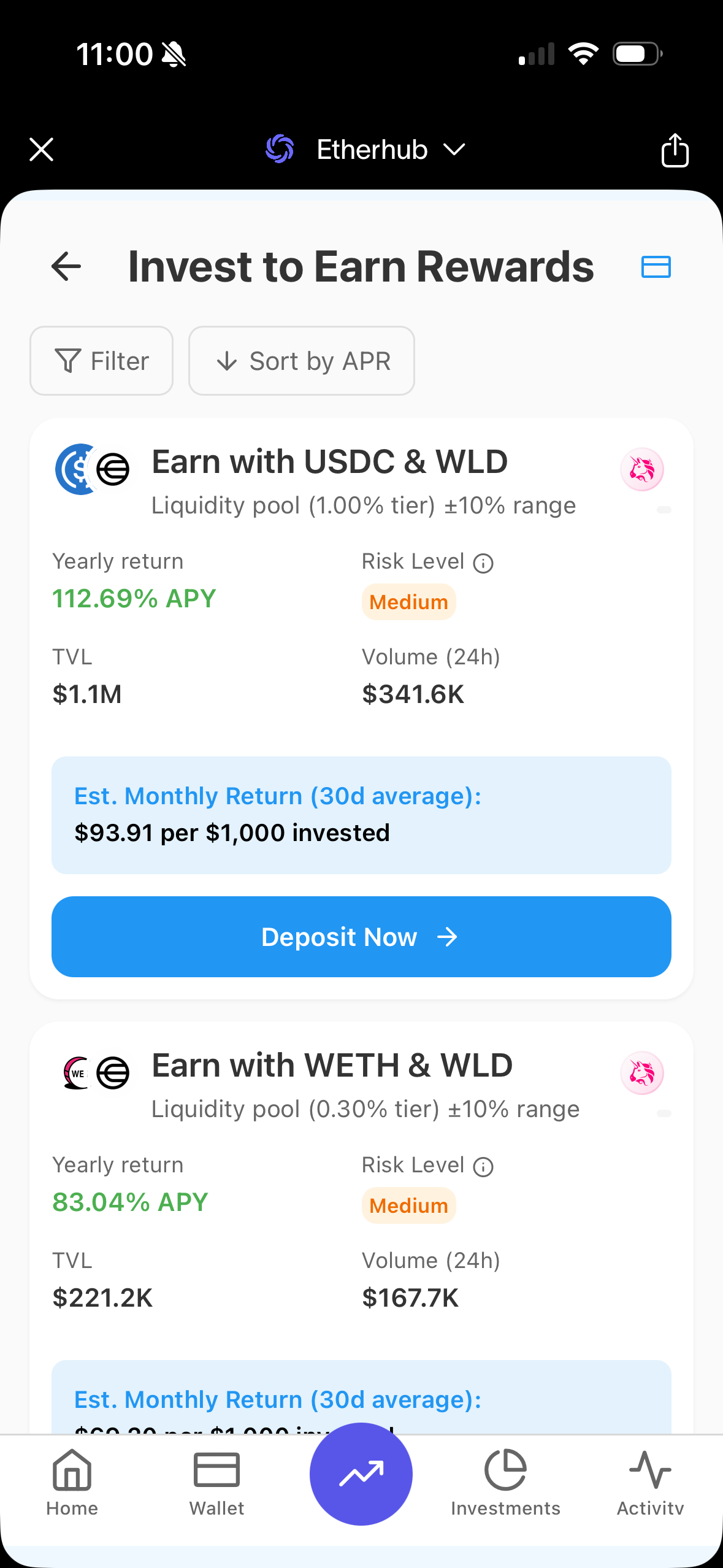 Invest screen showing investment options